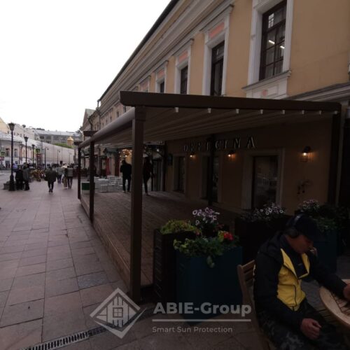 Фотографии выполненных работ компании «ABIE-GROUP» Алюминиевой перголы со сдвижным тентом для итальянского ресторана. г.Москва