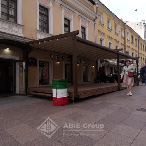 Фотографии выполненных работ компании «ABIE-GROUP» Алюминиевой перголы со сдвижным тентом для итальянского ресторана. г.Москва